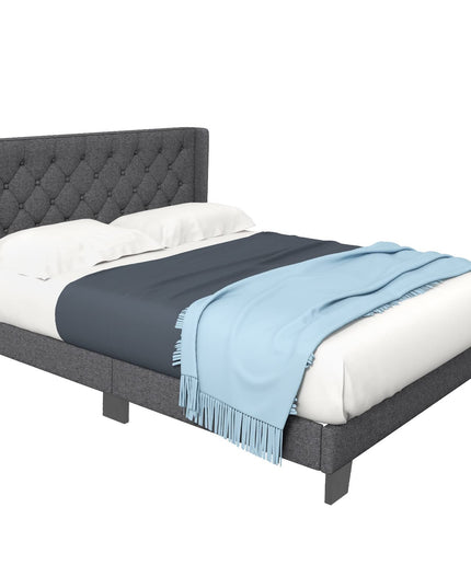 Giantex Bed Frame with Button Tufted Headboard, Modern Fabric Upholstered Platform Bed with Wingback Design, Grey