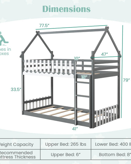 Giantex Bunk Bed Twin Over Twin, Wood House Low Bunk Bed with Ladder & Fence Safety Guardrail