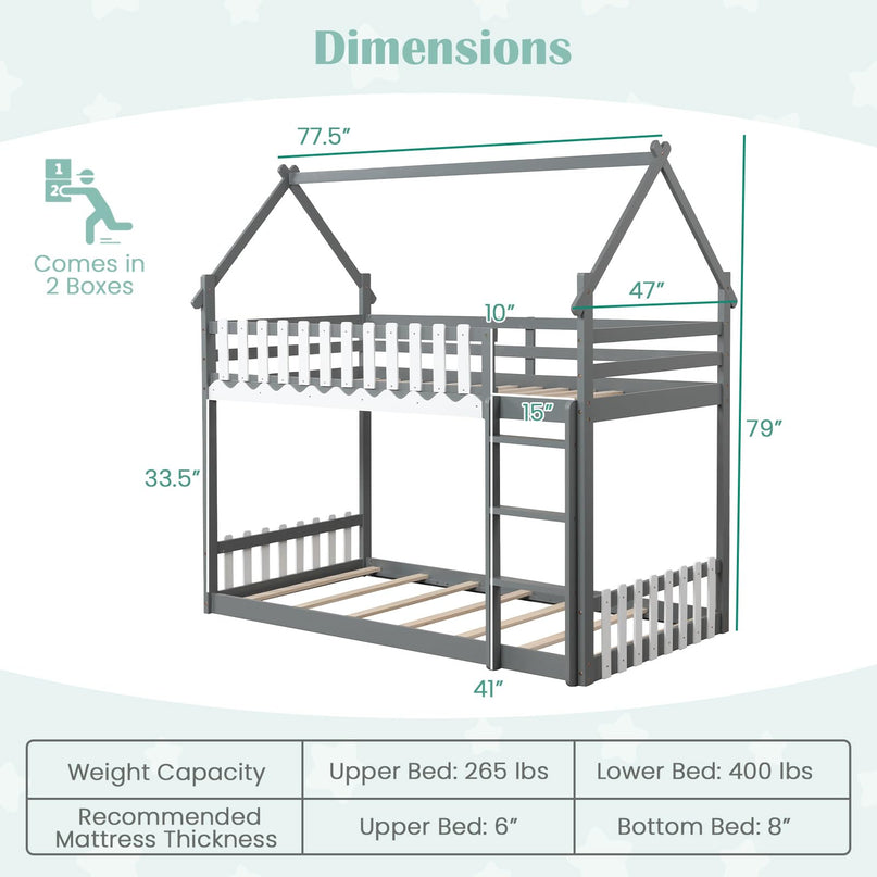 Giantex Bunk Bed Twin Over Twin, Wood House Low Bunk Bed with Ladder & Fence Safety Guardrail