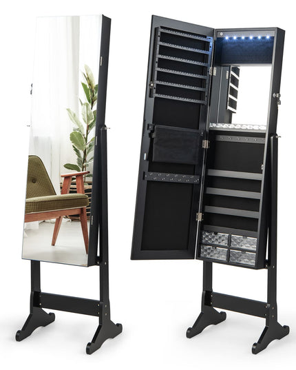 CHARMAID 6 LEDs Jewelry Cabinet Armoire with High Full length Mirror, Lockable Standing Jewelry Organizer Storage with lipstick Tray