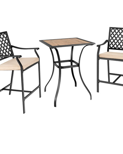 3 Piece Patio Bar Table Set Outdoor Square Bistro Bar Table High Chairs with Cushion Metal Stool