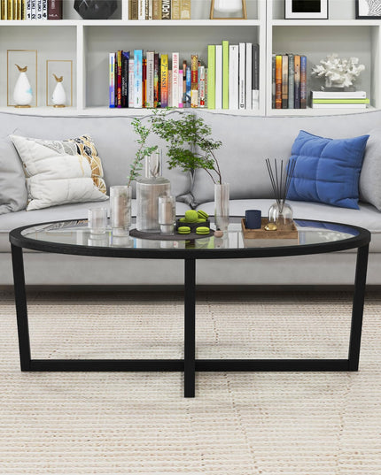 Giantex Glass Coffee Table, 46.5" Oval Accent Sofa Tea Table with Tempered Glass Top, Cross Base & Acacia Wood Legs