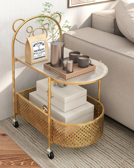 Giantex Mobile Glass Coffee Table, 2-Tier Modern Cocktail Table with Bear Pattern, Storage Basket & Metal Frame