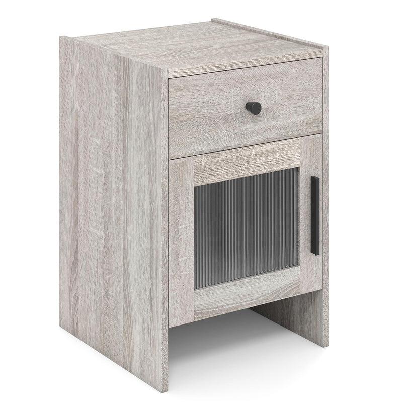Giantex Farmhouse 16 Inch Rustic End Table with Wavy PC Door and Drawer