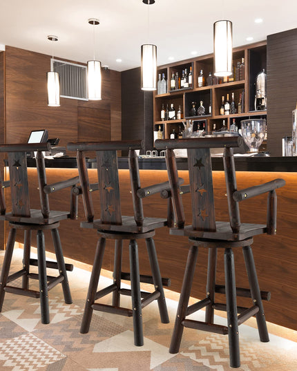 Brown Bar Stool, 29’’ Solid Fir Wood Bar Chair with Footrest, Decorative Star Backrest, Wide Armrest, Rustic Kitchen Stool