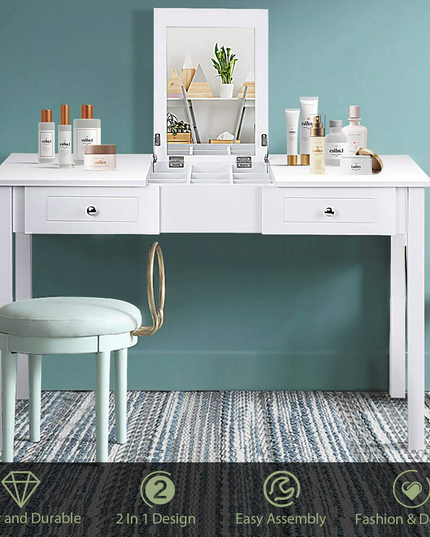 Giantex Coiffeuse avec Miroir, Tabouret Rembourré, Grande Table de Maquillage à Plateau Relevable pour Chambre à Coucher