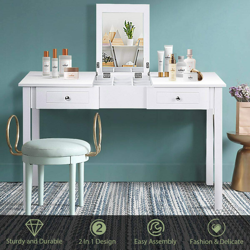 Giantex Coiffeuse avec Miroir, Tabouret Rembourré, Grande Table de Maquillage à Plateau Relevable pour Chambre à Coucher