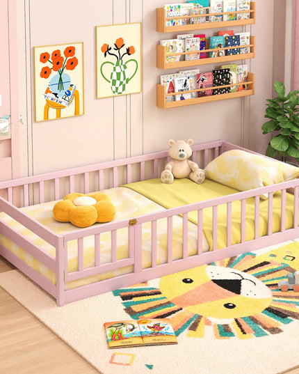 Giantex  Floor Bed with Door & Fence Kids Wood Montessori Bed