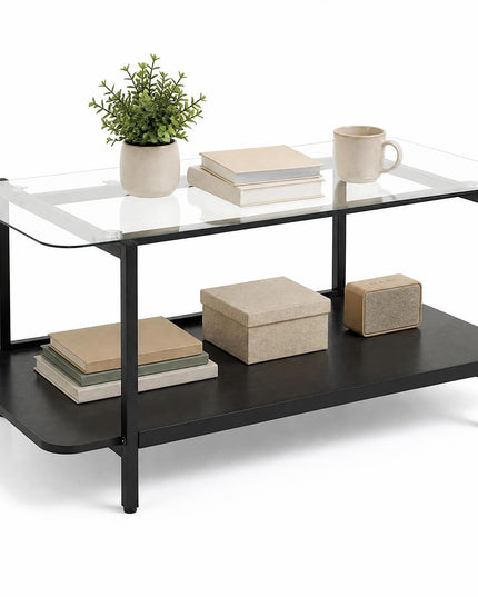 GIANTEX 37.5" Glass Coffee Table | 2-Tier Center Table with Storage