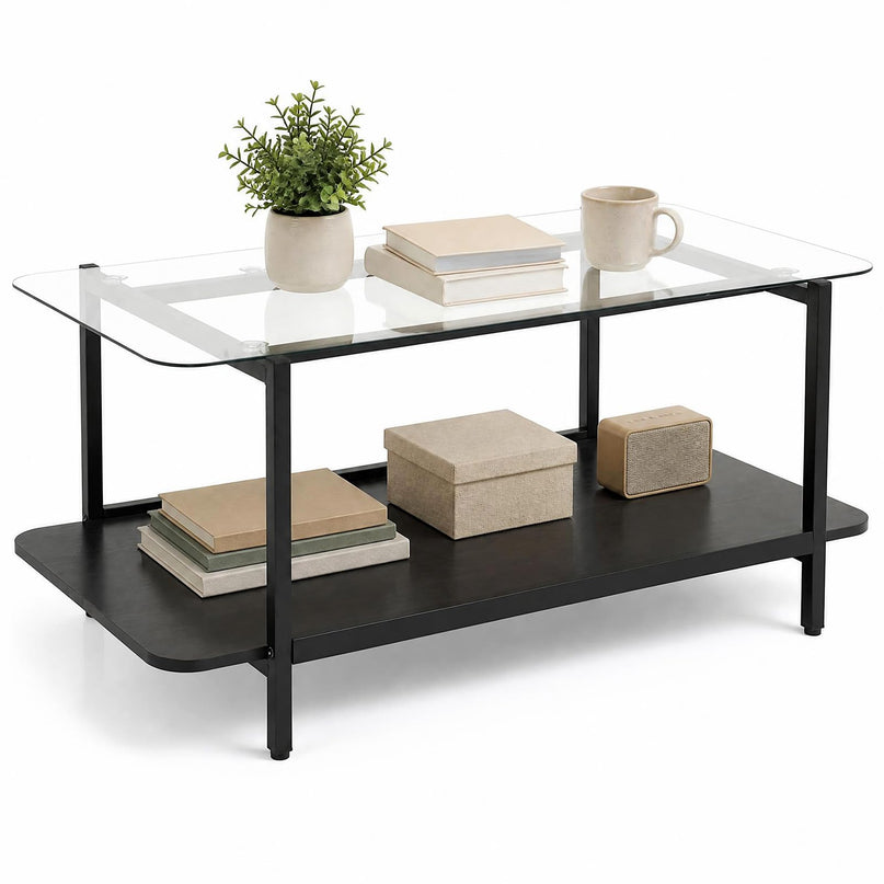 GIANTEX 37.5" Glass Coffee Table | 2-Tier Center Table with Storage