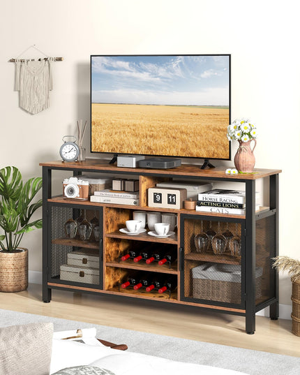 Giantex Coffee Bar Cabinet for Liquor and Glasses, 55” Buffet Sideboard with 8-Bottle Wine Racks, 6 Rows of Wine Glass Holders
