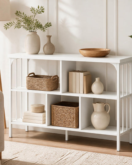 GIANTEX 3-Tier Industrial Low Wide Bookshelf w/ 5 Cube Storage Organizer