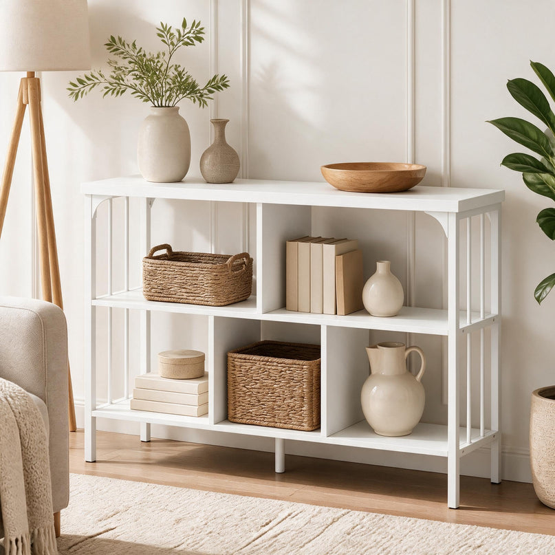 GIANTEX 3-Tier Industrial Low Wide Bookshelf w/ 5 Cube Storage Organizer