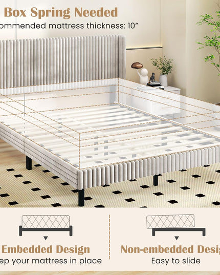 Giantex Queen Velvet Bed Frame with Vertical Tufted Wingback Headboard