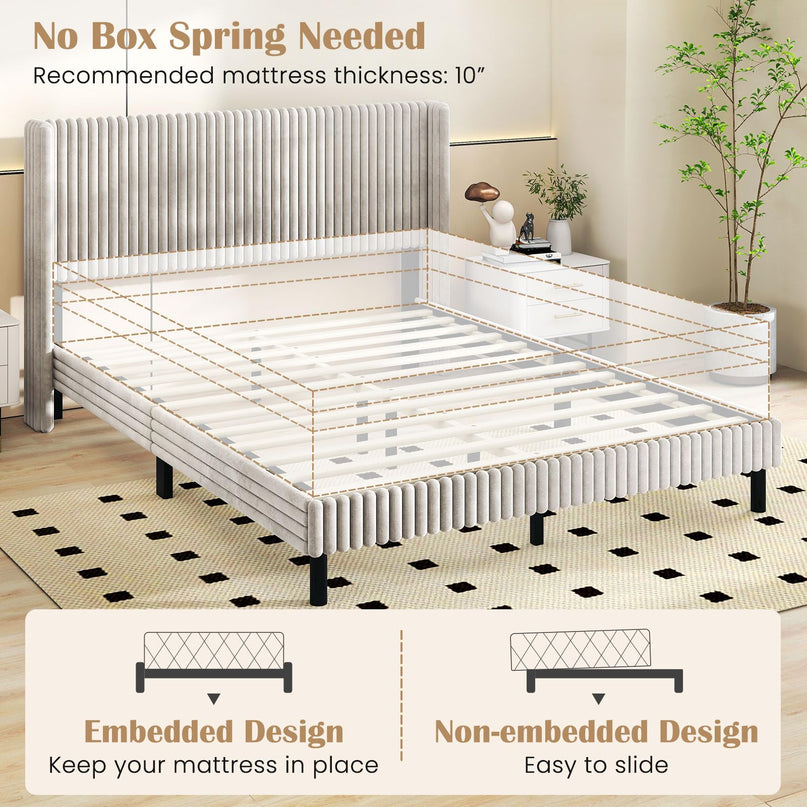 Giantex Queen Velvet Bed Frame with Vertical Tufted Wingback Headboard
