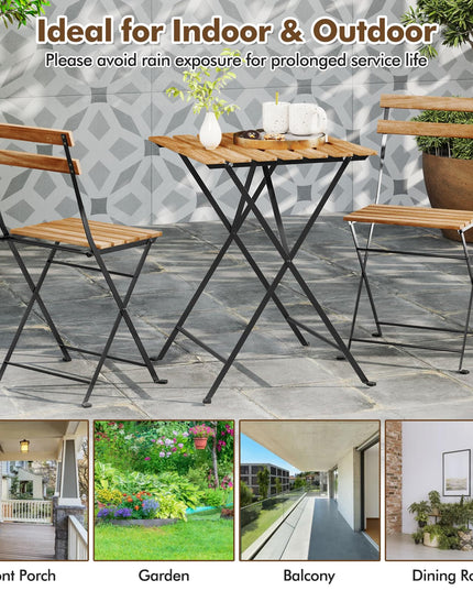 Giantex 3-Piece Acacia Wood Bistro Set with 2 Folding Chairs, Slatted Seat & Tabletop
