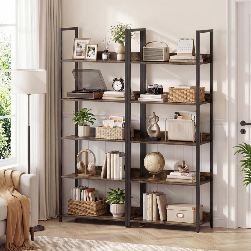 Giantex 5-Tier Tall Wooden Open Bookcase with Back Panels & Metal Frame (1/2)