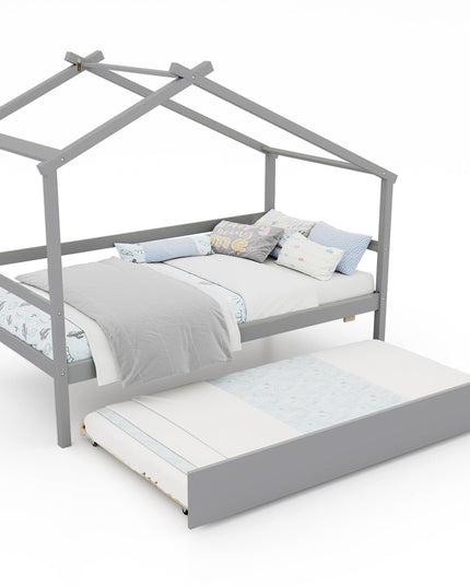 Giantex Wood House Bed for Kids, Twin Bed Frame with Trundle Bed Twin