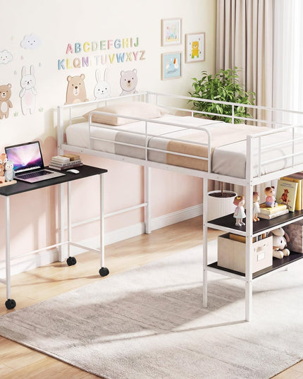 Giantex Low Loft Bed with Desk & Bookshelf Twin Size Platform Bedframe