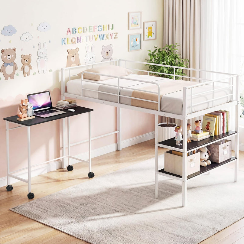 Giantex Low Loft Bed with Desk & Bookshelf Twin Size Platform Bedframe