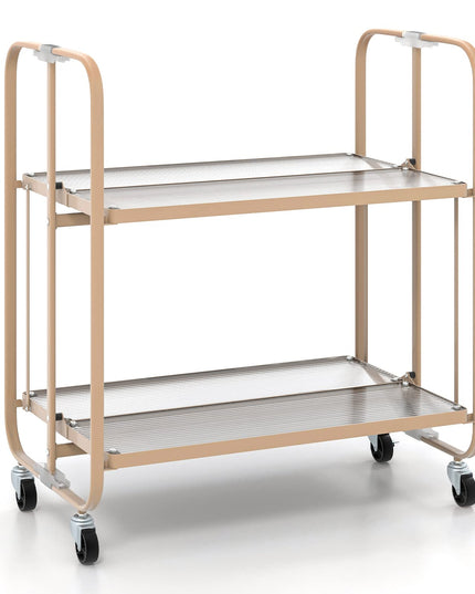 Giantex 2-Tier Mobile Serving Cart, Foldable Storage Cart on Wheels, Tempered Glass Shelf (Rose Gold)