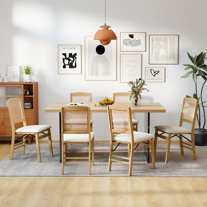 Giantex Rubber Wood Kitchen Chair w/Linen Padded Seat & Rattan Backrest No Assembly