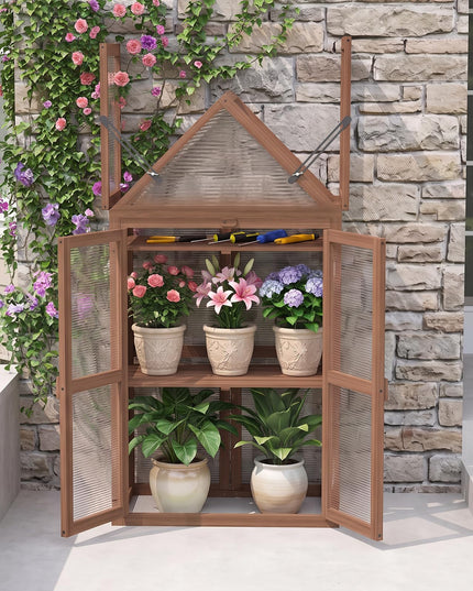 GIANTEX Mini Greenhouse Storage Shelves w/ Transparent Flip-Top Roof for Garden