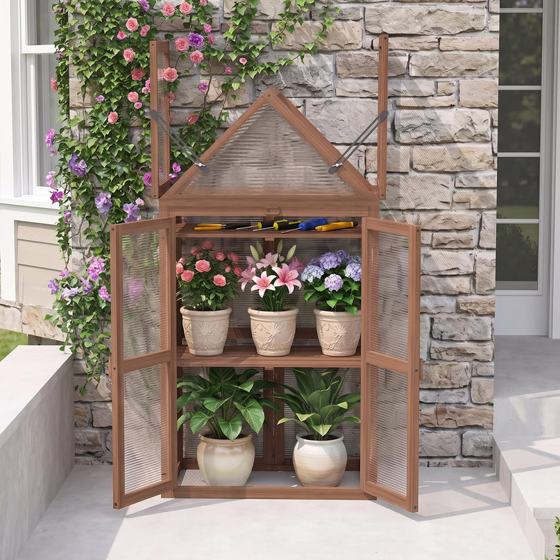 GIANTEX Mini Greenhouse Storage Shelves w/ Transparent Flip-Top Roof for Garden