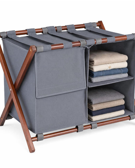 GIANTEX 27" Folding Bamboo Luggage Rack with 3 Storage Compartments (1/2)