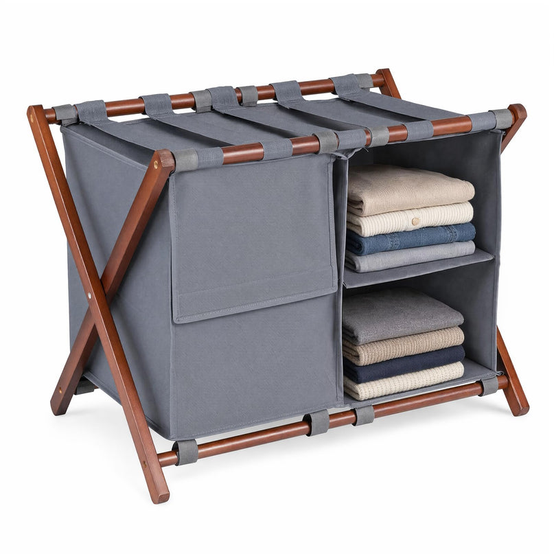 GIANTEX 27" Folding Bamboo Luggage Rack with 3 Storage Compartments (1/2)