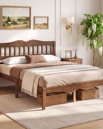 GIANTEX Full/Queen Size Wooden Bed Frame with Slatted Headboard
