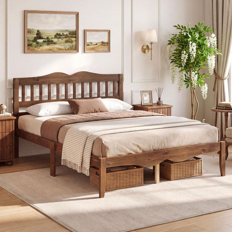 GIANTEX Full/Queen Size Wooden Bed Frame with Slatted Headboard