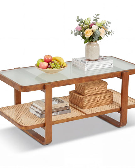 Giantex Rattan Coffee Table with Tempered Glass Top and Storage Shelf