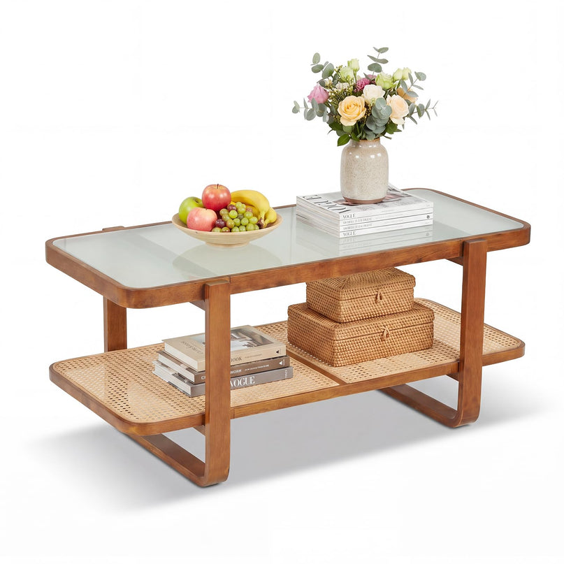 Giantex Rattan Coffee Table with Tempered Glass Top and Storage Shelf