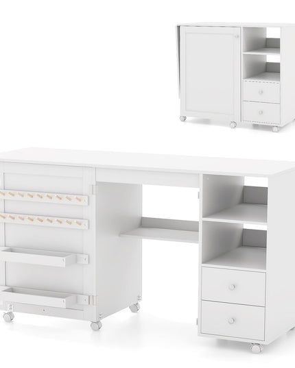 Giantex Folding Sewing Table with Charging Station, Rolling Craft Table with Storage Shelves and Drawers