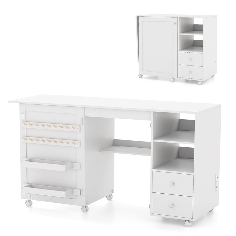 Giantex Folding Sewing Table with Charging Station, Rolling Craft Table with Storage Shelves and Drawers