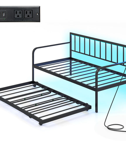 Giantex Twin Daybed with Trundle, Metal Day Bed with Charging Station & LED Lights