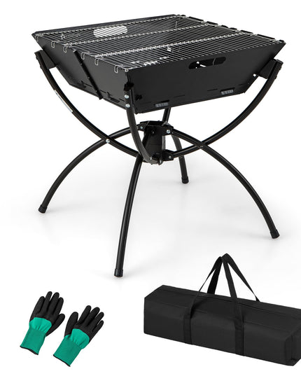 Giantex Folding Campfire Grill, Camping Fire Pit with Stainless Steel Grates, Collapsible Aluminum Legs, Carry Bag