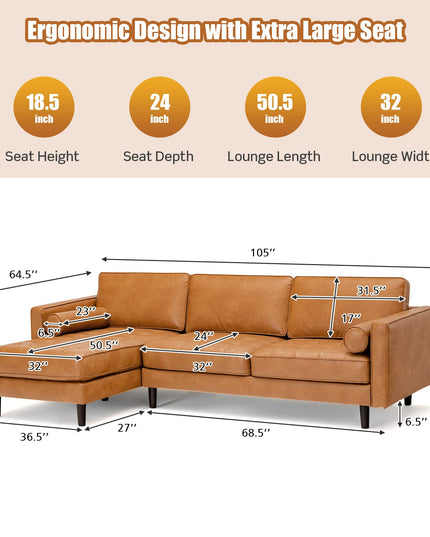 Giantex Sectional Sofa Couch with Chaise Lounge, L-Shaped 3-Seat Sofa Sleeper
