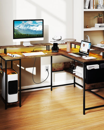 Giantex L Shaped Desk with LED Light & Power Outlets Ergonomic Home Office Desk