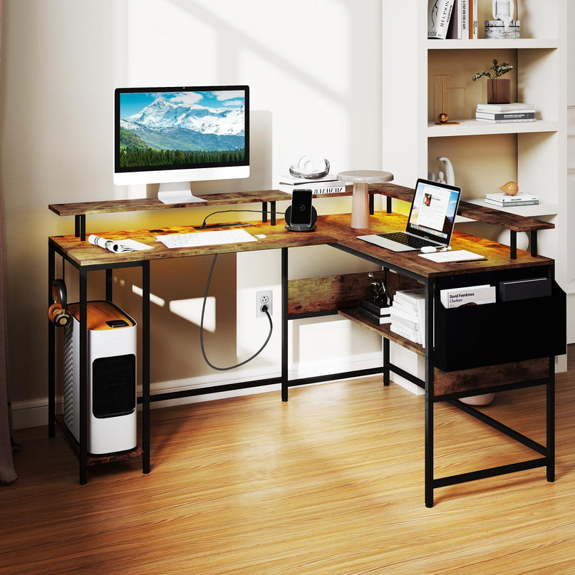 Giantex L Shaped Desk with LED Light & Power Outlets Ergonomic Home Office Desk