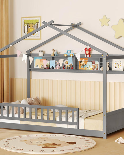 Giantex Twin Floor House Bed with Storage Shelf, Wood Twin Bed Frames with Headboard & Guardrail