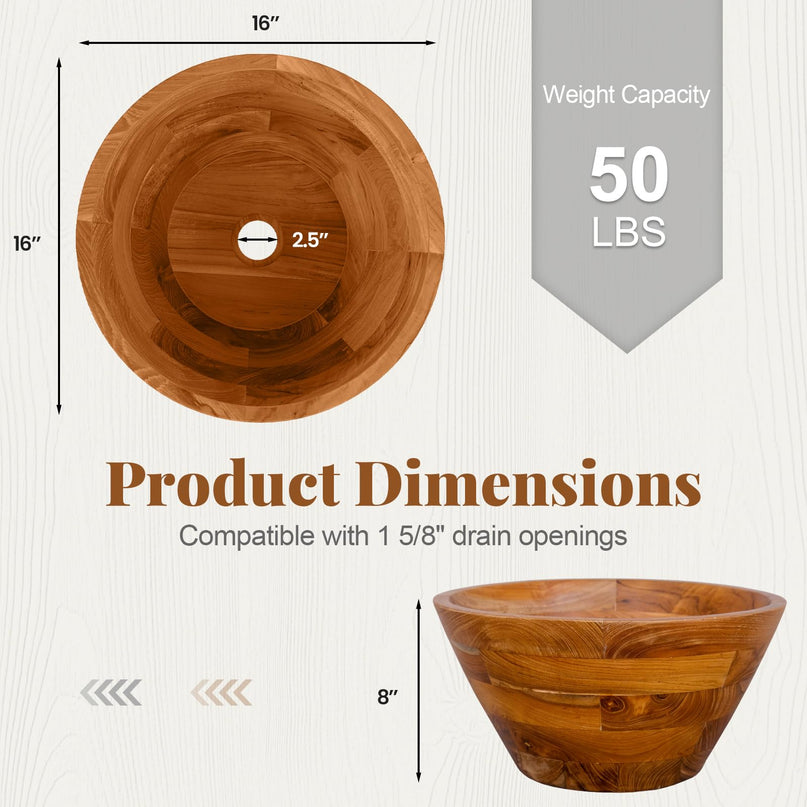 Giantex Teak Wood Vessel Sink - Bathroom Washbasin with Smooth Finish, Round Corner (16” x 16” x 8”)