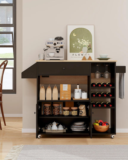 Giantex Rolling Kitchen Island Cart with Drop Leaf, Power Outlet, Spice Rack, 12 Wine Rack