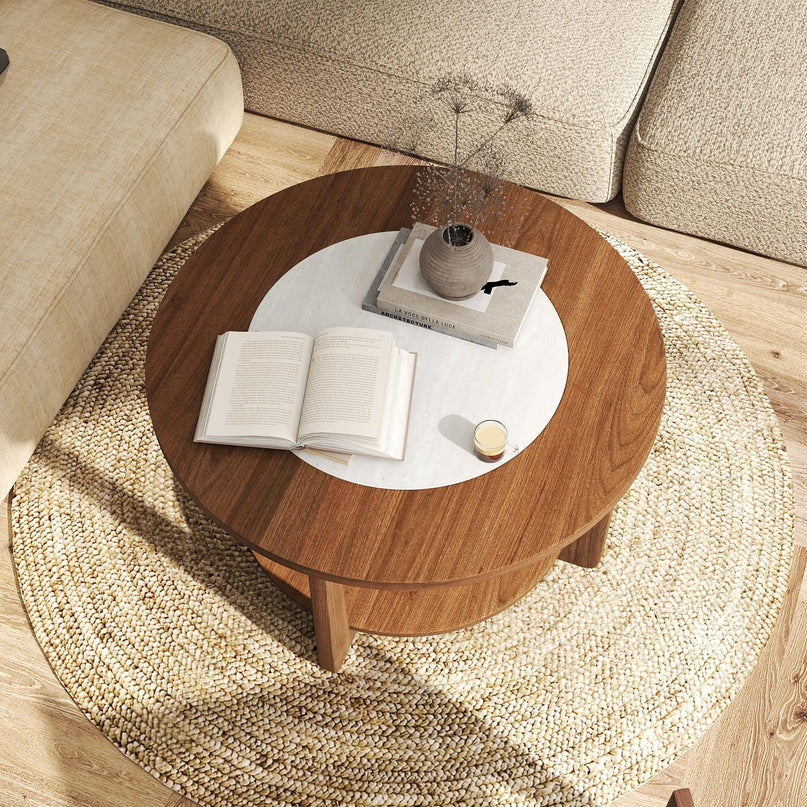 Giantex 2-Tier Round Farmhouse Coffee Table with 2-Tone Tabletop