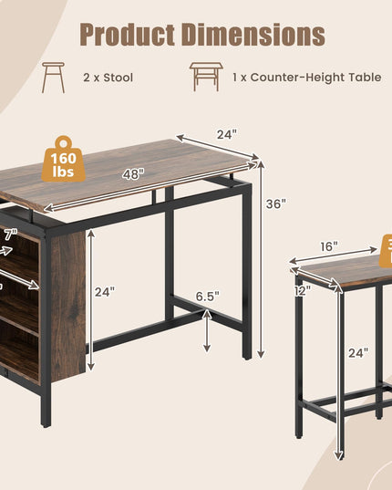 Giantex 3-Piece Dining Table Set - Counter Height Dining Table Set with 2 Bar Stools