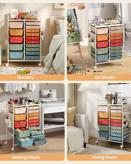 Giantex 15 Drawer Rolling Storage Cart with Metal Tabletop & Pegboard