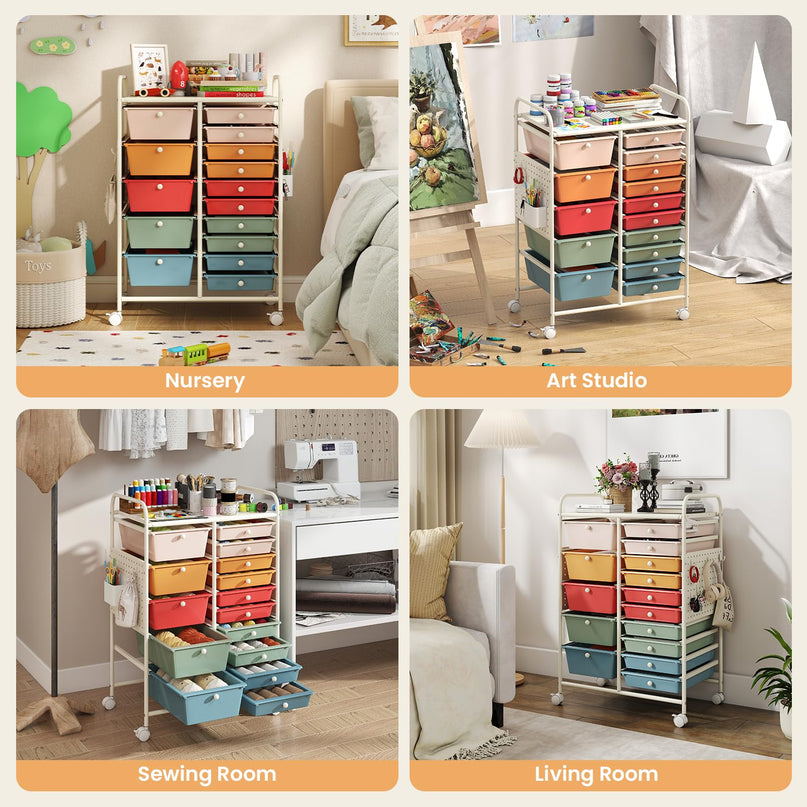 Giantex 15 Drawer Rolling Storage Cart with Metal Tabletop & Pegboard