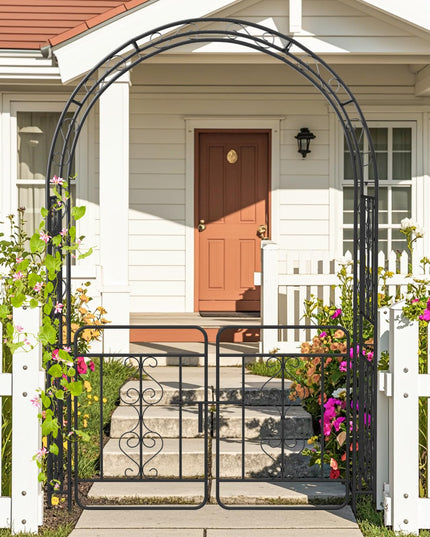 Giantex Garden Arbor with Gate, 84" H x 54" W Metal Arch Trellis for Climbing Plants Rose Vines
