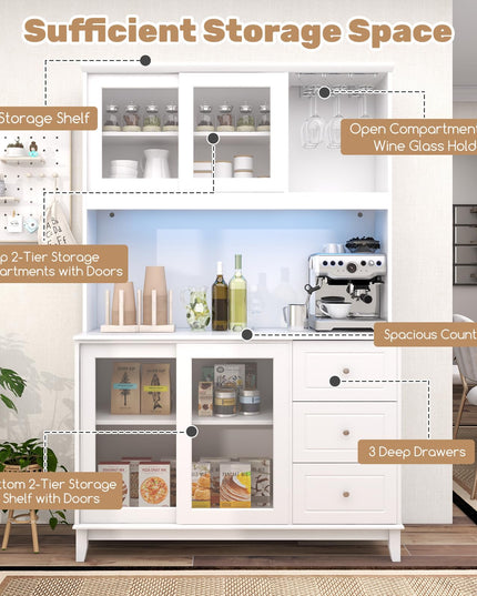 Giantex 73" Kitchen Pantry Storage Cabinet, Hutch Cabinet with LED Lights & Power Outlet, Kitchen Buffet Cabinet w/Wine Glass Racks